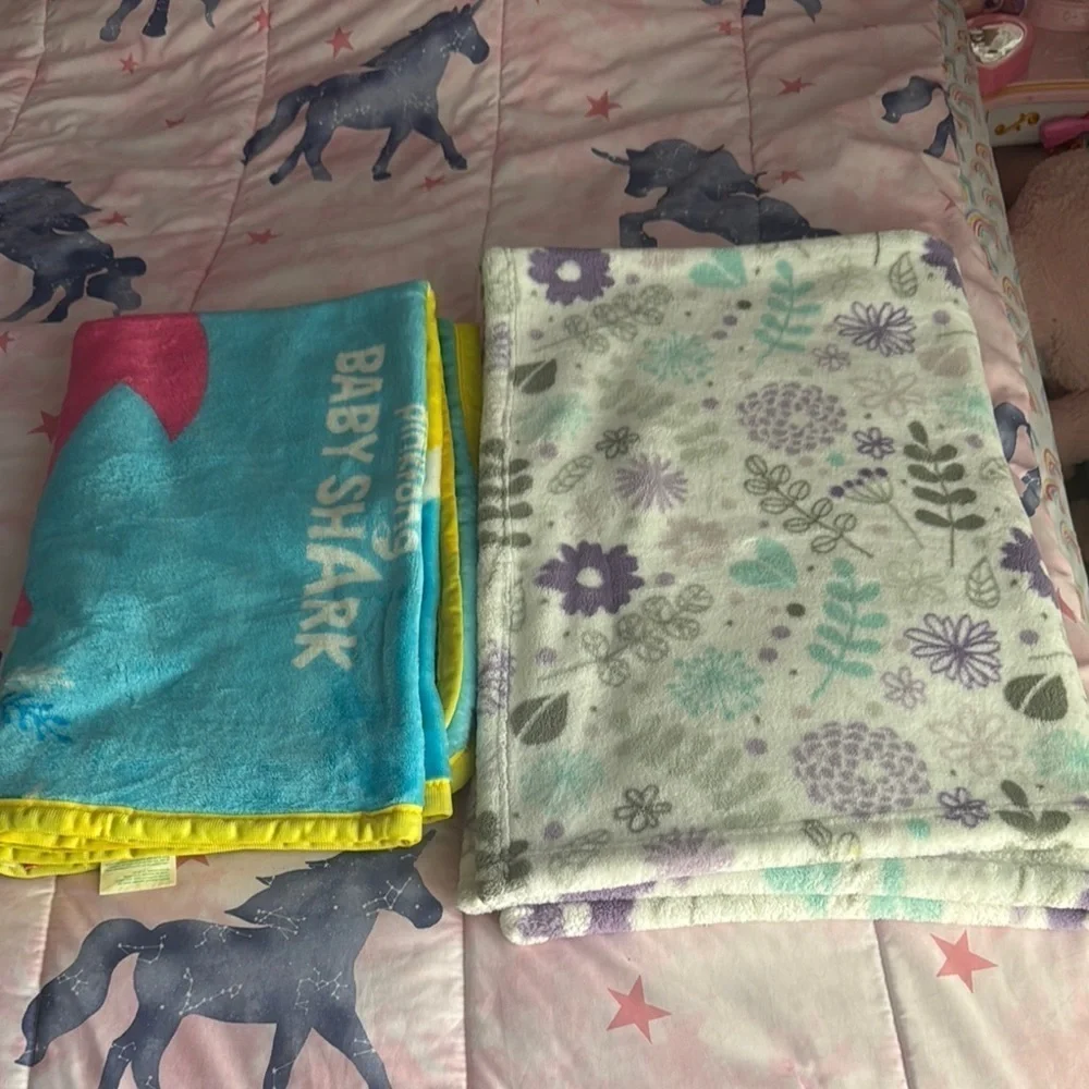 2 Baby Shark and Floral Patterned baby Blankets